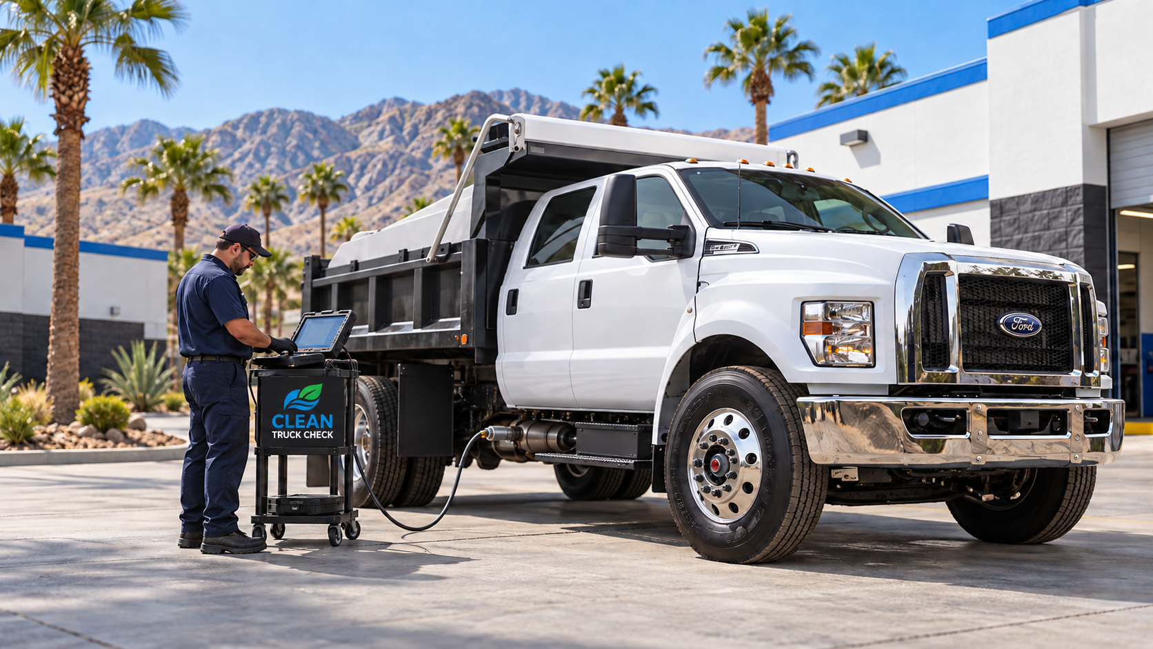 Technician performing a Clean Truck Check emissions test on a commercial work truck